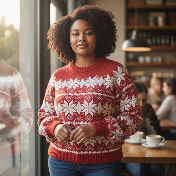 Christmas Sweater Fair Isle Chunky Snowflake - Picture 1 of 11